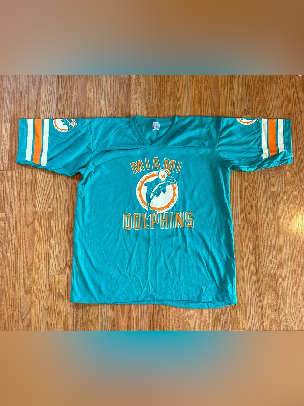 Vintage Miami Dolphins V-neck Garan single stitch T-shirt 1XL USA HTF
